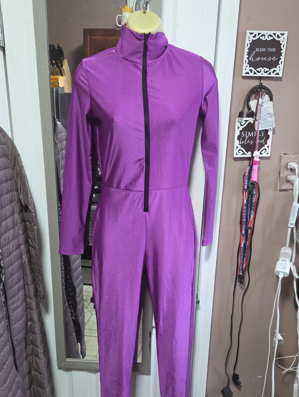 Women's Magenta Full-Zip Long-Sleeve Jumpsuit